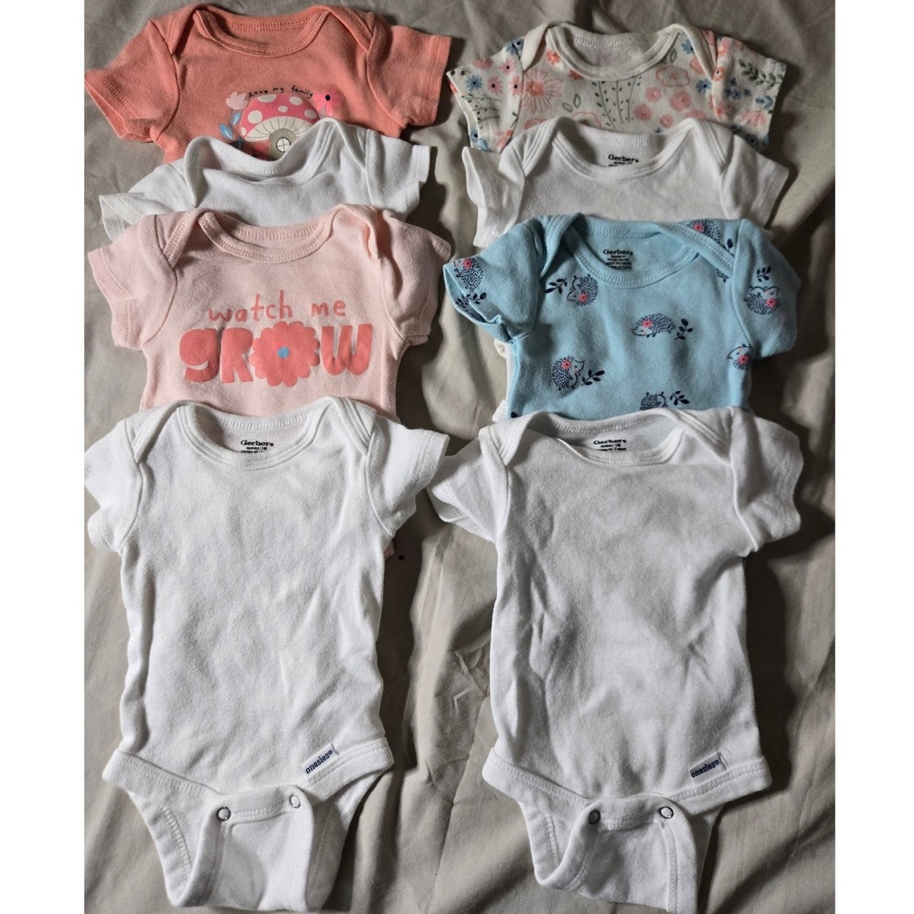 Gerber Newborn Onesies 8 Pack Cotton Short Sleeve Bodysuits‎ Pink Blue White 0M